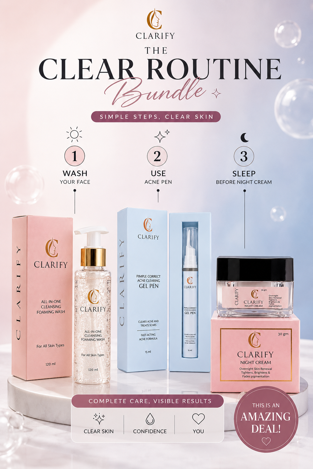 Facewash + Gel Pen + Night Cream Bundle